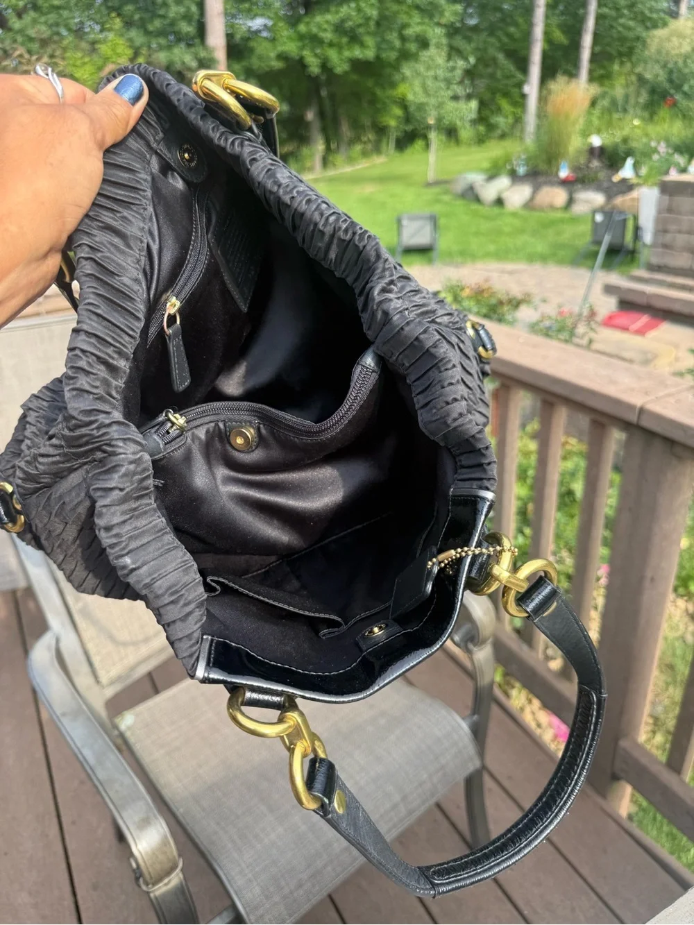 EUC Coach Ashley Gathered Satin Carryall Black Brass Hardware Shoulder Bag